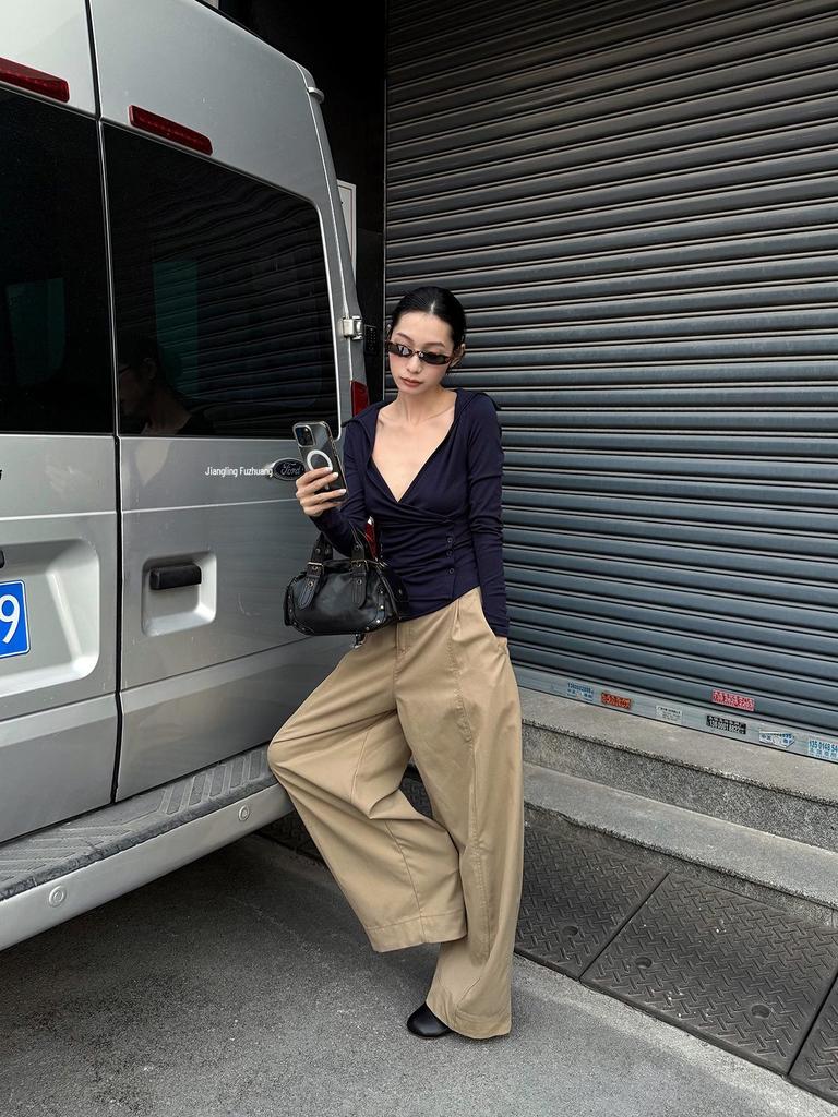 Women's American Lazy Style Loose Wide-Leg Pleated Patchwork Pants 2026