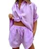 Summer Women Clothing Solid Color Short Sleeve Two Piece Set Wide Leg Pants Lace Up Shorts
