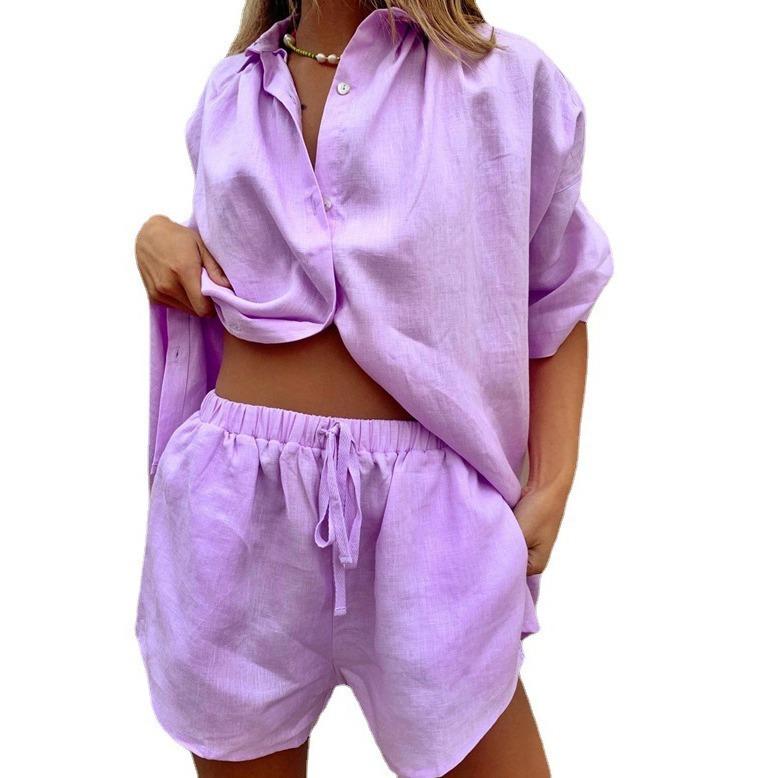 Summer Women Clothing Solid Color Short Sleeve Two Piece Set Wide Leg Pants Lace Up Shorts