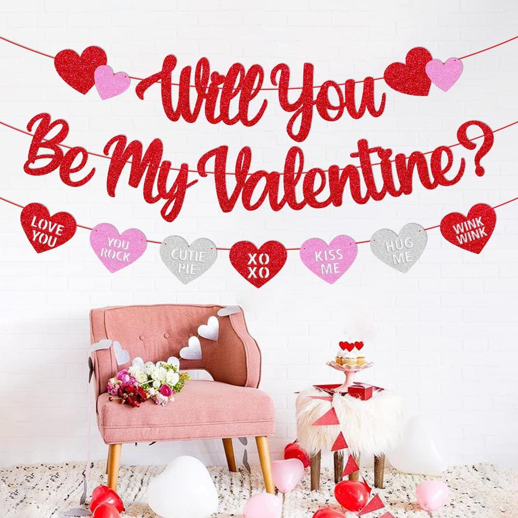 Will You Be My Valentine Banner Valentine Glitter Heart Garland Happy Valentine’s Day Party Decoration Glitter Red and Pink Be My Valentine