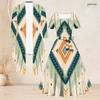 Women Plus Size Printed Two Piece Set Square Neck Short Sleeve Tie Waist Flared Dress Mid Sleeve Open Cardigan