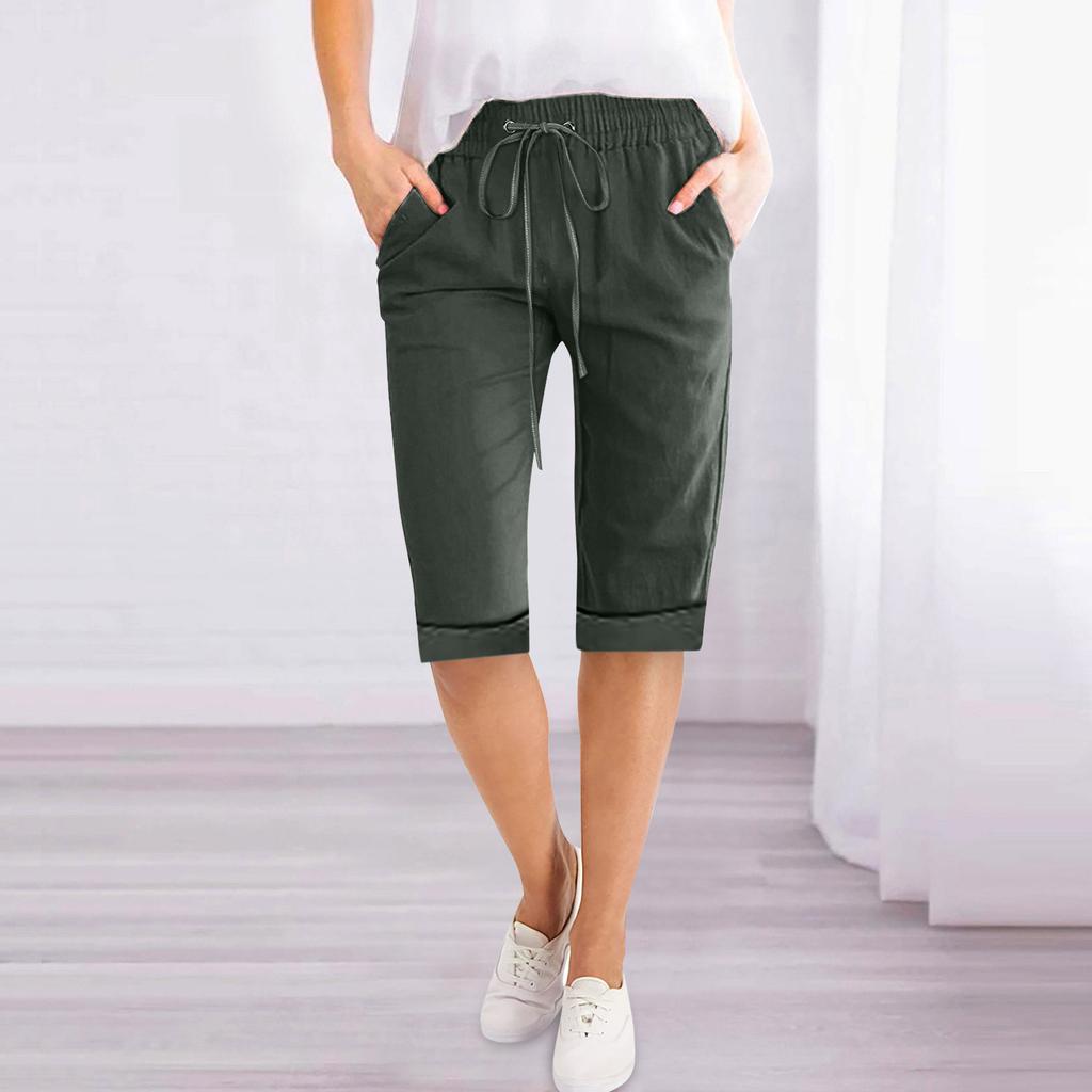 Women's Drawstring Mid Waist Capri Pants Loose Straight Leg Linen Five Point Trousers Elegant Solid Pocket Casual Home Shorts