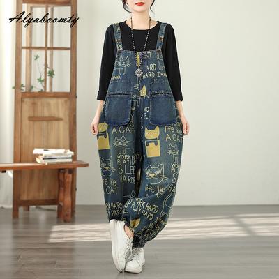 Plus Size Spring Autumn Women Cartoon Print Overall Suspenders Letter Oversized Baggy Denim Trousers Vintage Elegant Loose Casual Romper