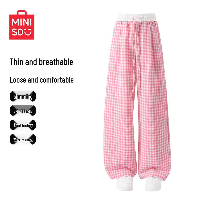 MINISO Women s Plaid Seersucker High-Waisted Wide-Leg Pants S
