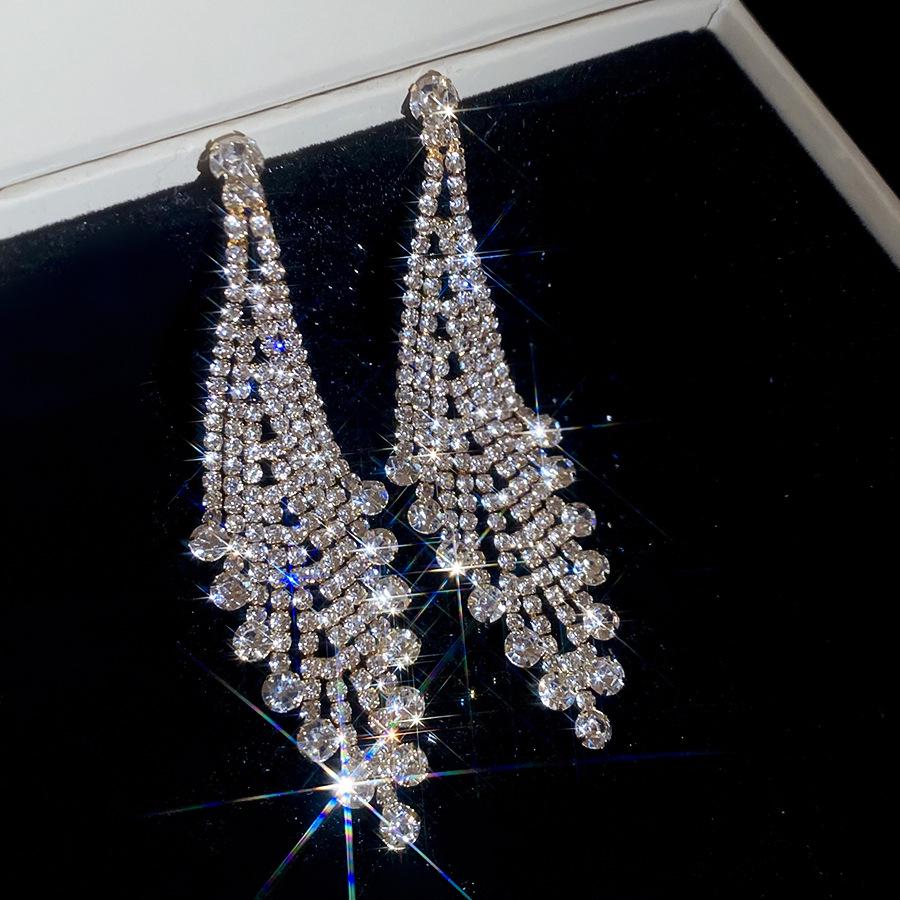 Silver Needle Rhinestone Geometric Tassel Earrings - Luxury Studs with Fashionable Flair for Women