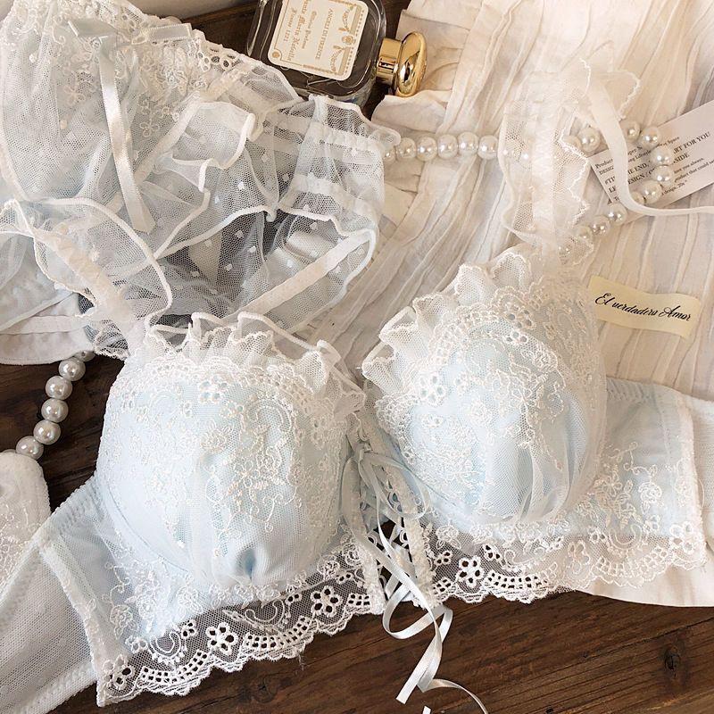 Japanese Sweet Girly Wireless Bra Set, Push Up Anti-Sag Corrective Small Bust Teen Girls Lingerie Set