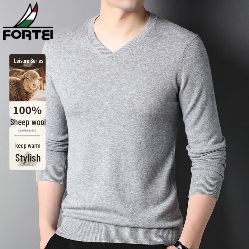 FORTEI Men's 100% Pure Wool V-Neck Pullover Sweater