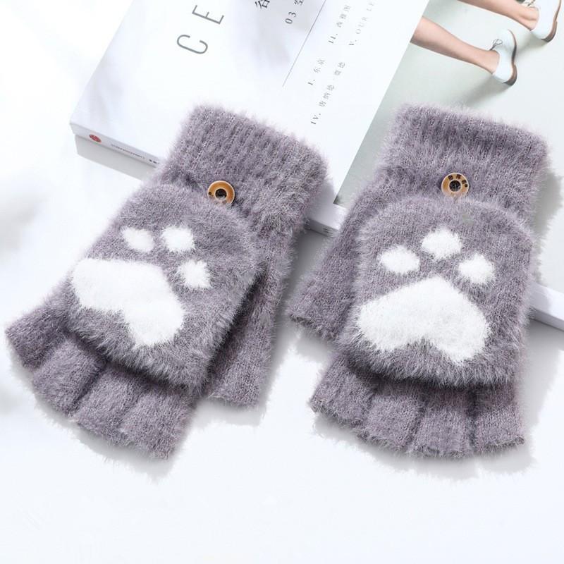 Thicken Women Warm Cat Gloves  Girls Cat Claw Paw Plush Mittens Soft Plush Short Fingerless Half Finger Winter Gloves