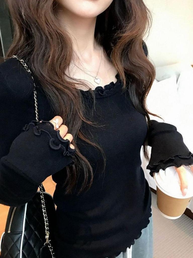 Thermolite Women's Korean Ruffled Long Sleeve Round Neck Slim Fit Base Layer Top (Autumn Trendy)