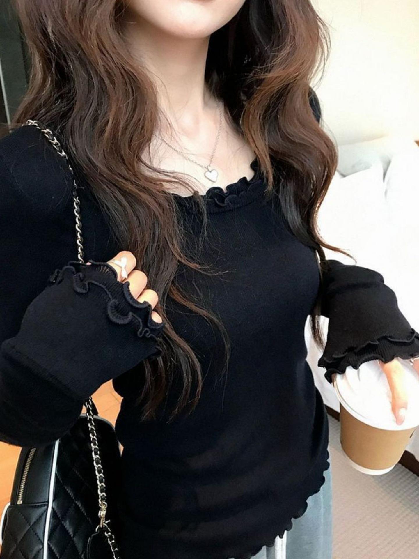 

Thermolite Women s Korean Ruffled Long Sleeve Round Neck Slim Fit Base Layer Top (Autumn Trendy) Extra Large чорний