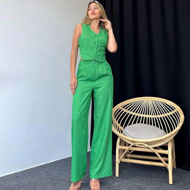 YYFS Women's Fashion Casual Summer Spring Solid Color Print Sleeveless V-Neck Blouses & Shirts Trousers Pants Suits