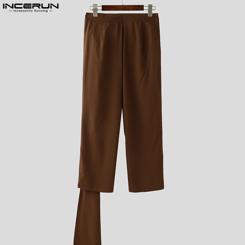 INCERUN Pánské jarní zapínací kalhoty s vysokým pasem, s obmotávacím páskem, patchworkové, ležérní, dlouhé