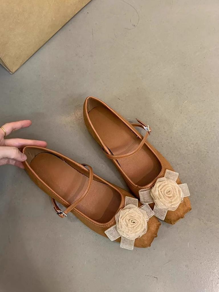 Sheepskin version~ Xiaoxiangfeng camellia leather Mary Jane single shoes women's autumn ballet style flat shoes ballet shoes ladyshoes