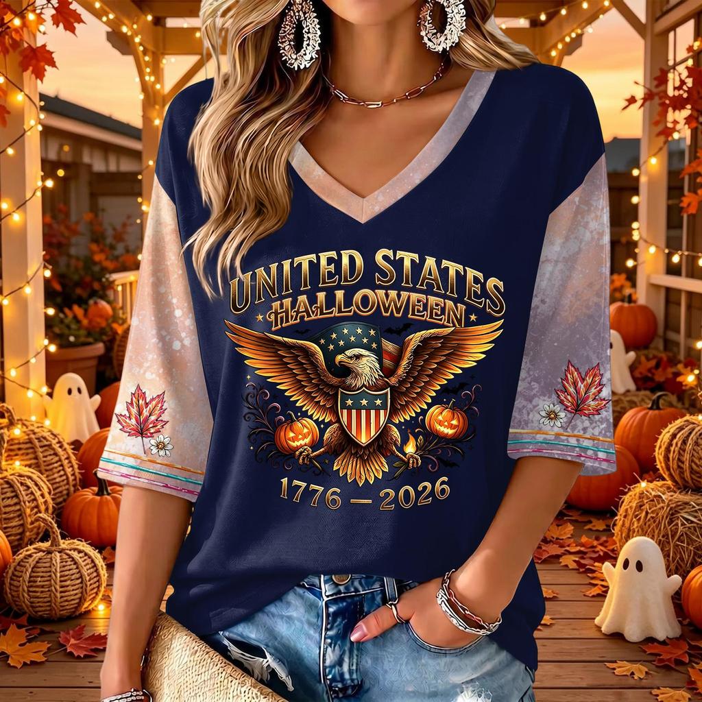 Women's V-Neck Halloween Printed Three-Quarter Sleeve Casual Blouse for Fall Festive Occasions