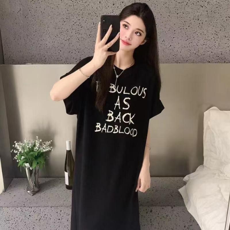 Women's Summer Loose Letter Print Short-sleeved T-shirt Fashionable and Laid-back Style Over-the-knee Casual Dress