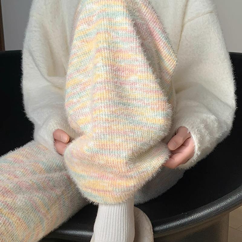145 Plus Velvet Rainbow Glutinous Rice Sweatpants - XS Women’s High Waist Wide-Leg Pants for Autumn/Winter