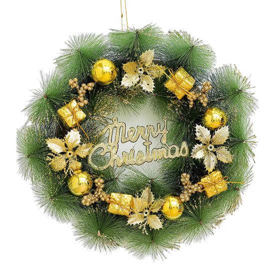 Christmas Wreath for Front Door Artificial Pine Needle Wreath with Balls Bows Flowers Merry Christmas Hanging Decor for Home Wall Window Porch Indoor