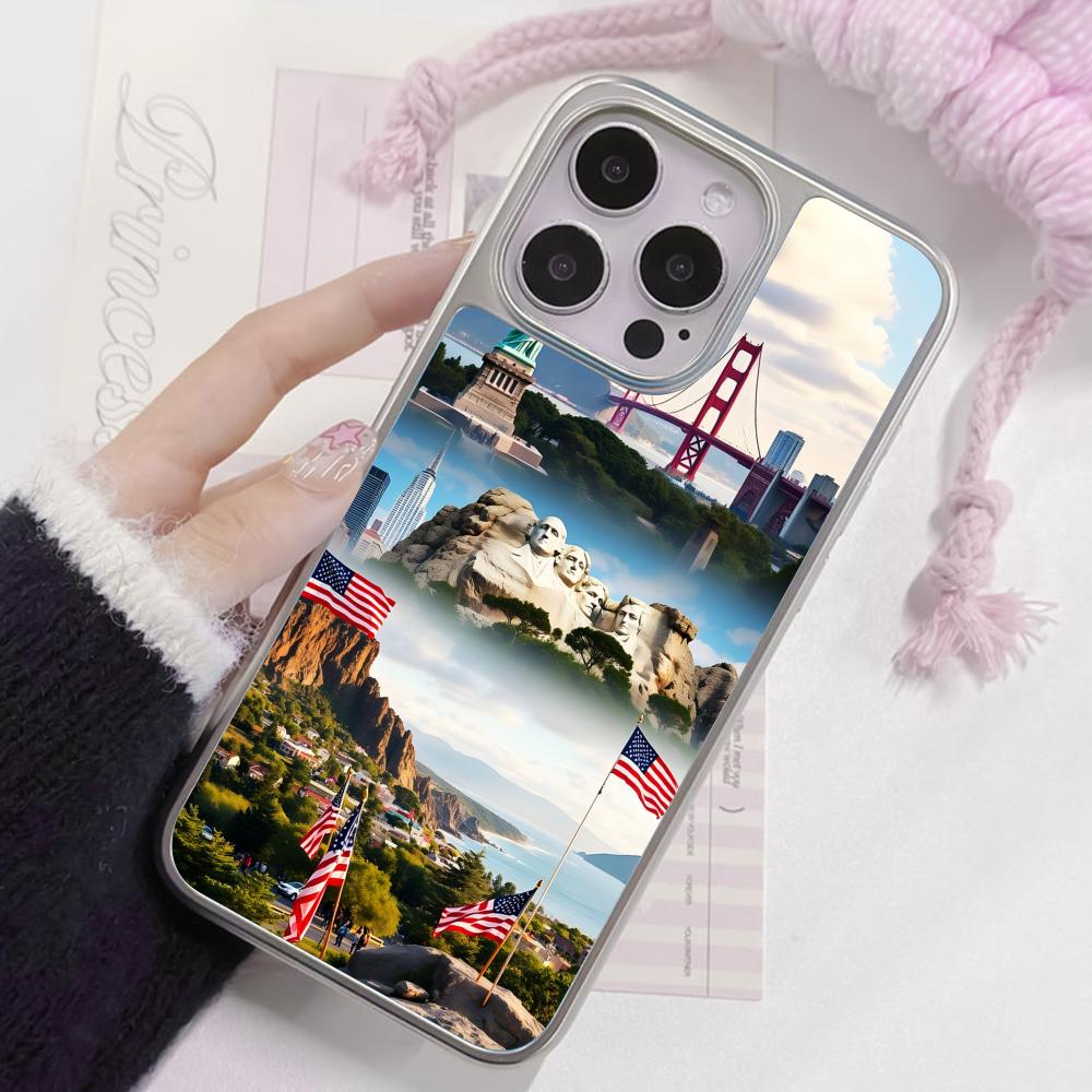 USA America Flag Silver Plating Mobile Phone Case for iPhone 17 16 15 14 13 12 11 Air Pro Max Plus Colorful Cover