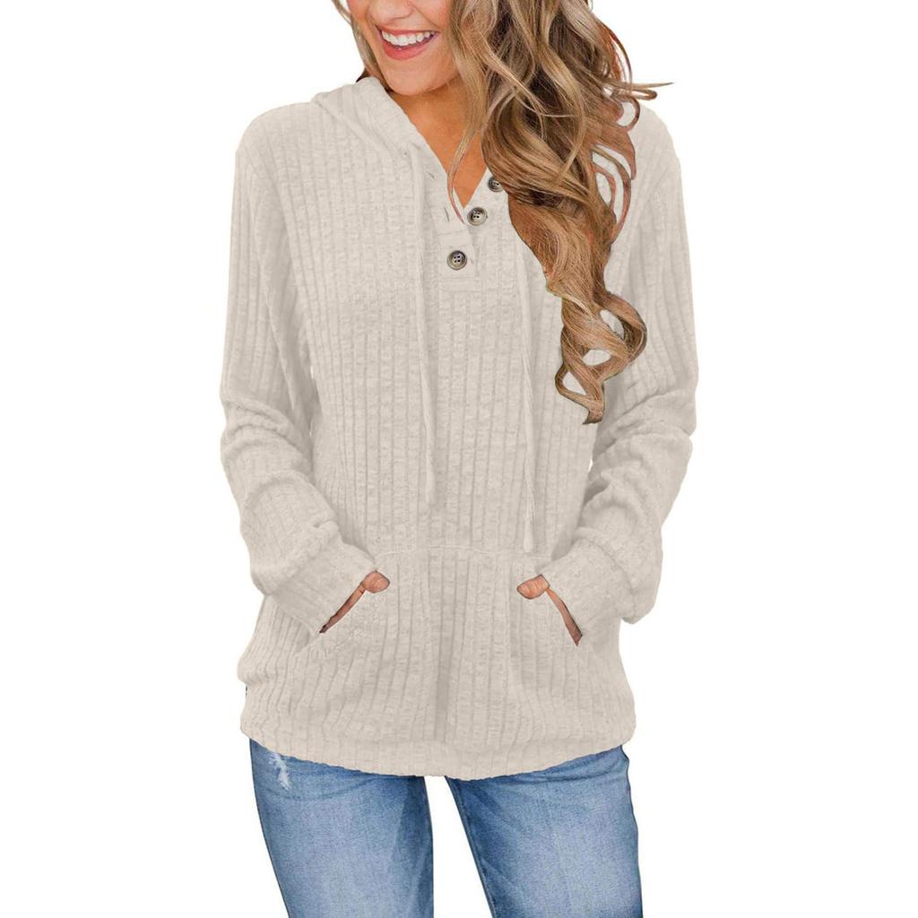 Women's Fashion Long Sleeve Solid Color  Casual Ribbed Button Hoodie Top