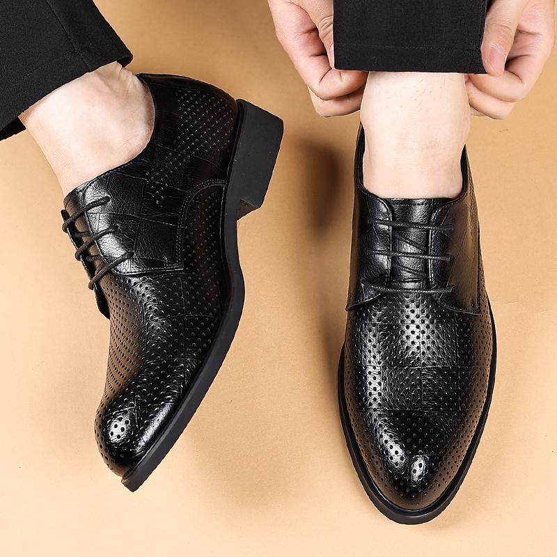 Hollow Out Breathable Flat/6cm Heel Spring Summer Men's Leather Dress Shoes Fashion Casual Height Increase Elevator Shoes Man