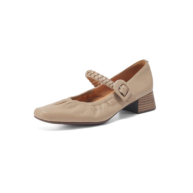 Fashion Casual Sneakers Woman Genuine Leather Apricot Square-toed Single-bar Buckle Soft Sole Low-cut Mary Jane High Heel for Spring