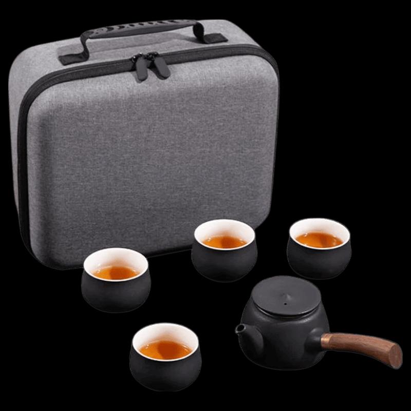 PinJian Ceramic Tea Set with Wooden Side Handle (1 Pot, 4 Cups)