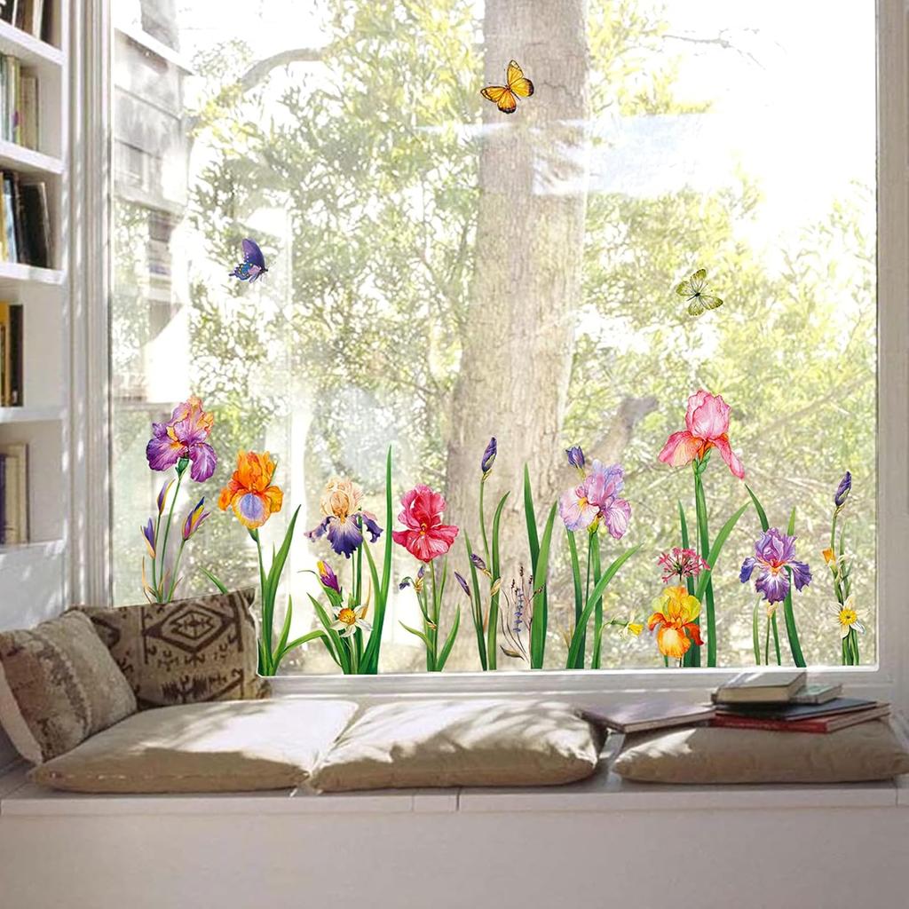 Decalmile Garden Flower Window Clings - Double Sided Iris Floral Spring Easter Window Decals & Stickers for Mom