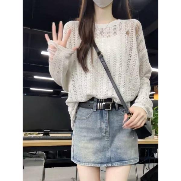 

Солнцезащитный вязаный свитер с длинным рукавом для женщин на лето, тонкий, с вырезами, прозрачный топ S