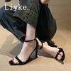 Fashion Liyke Summer Fashion Ankle Cover Strap Sandals Women Black Patent Leather Square High Heels Banquet Party Shoes Sandalias Mujer