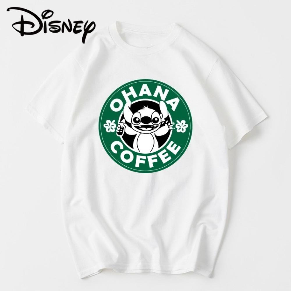 Stitch OHANA Coffee Printed Tshirt Cotton    Summer New Womens Plus Size Tshirt Y2K Retro Loose Casual Short Sleeved Top