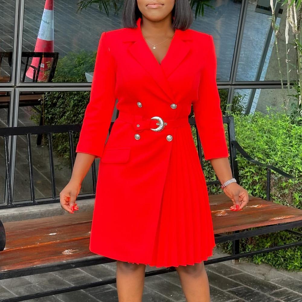 Fashion High Waist Pleated Midi Dress Women Office Business Casual Spliced Slim Fit Blazer Dress