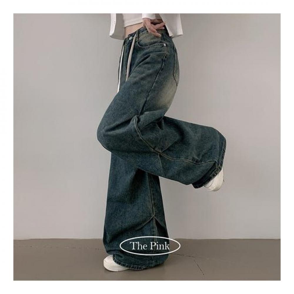 The Pink Women Neg String Diamond Pintuck Cat Wash Denim Wide Pants
