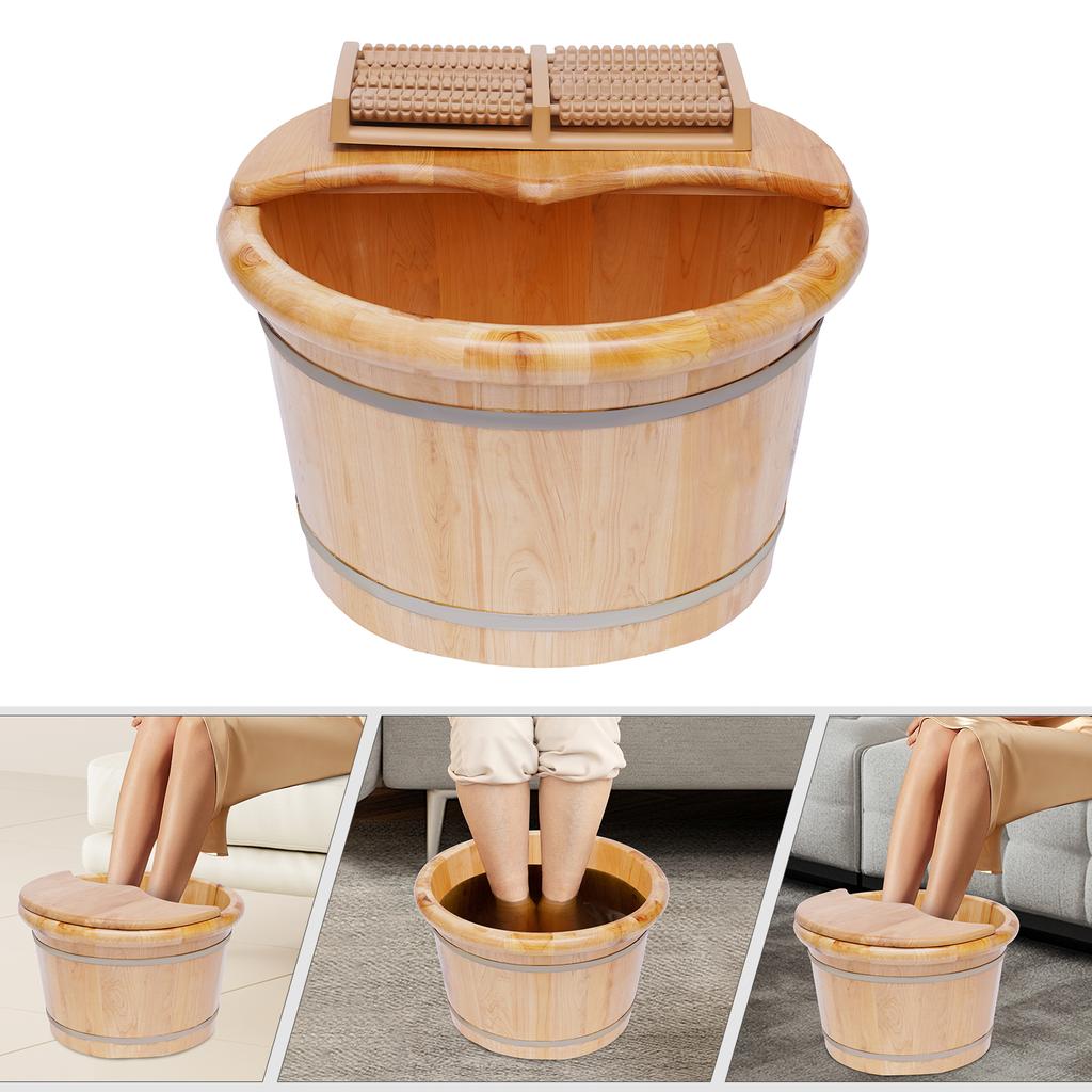 Foot Bath Bucket Cedar Wood Foot Basin Foot Massage Bucket with Massager Cover Plate Portable Foot Bath Basin