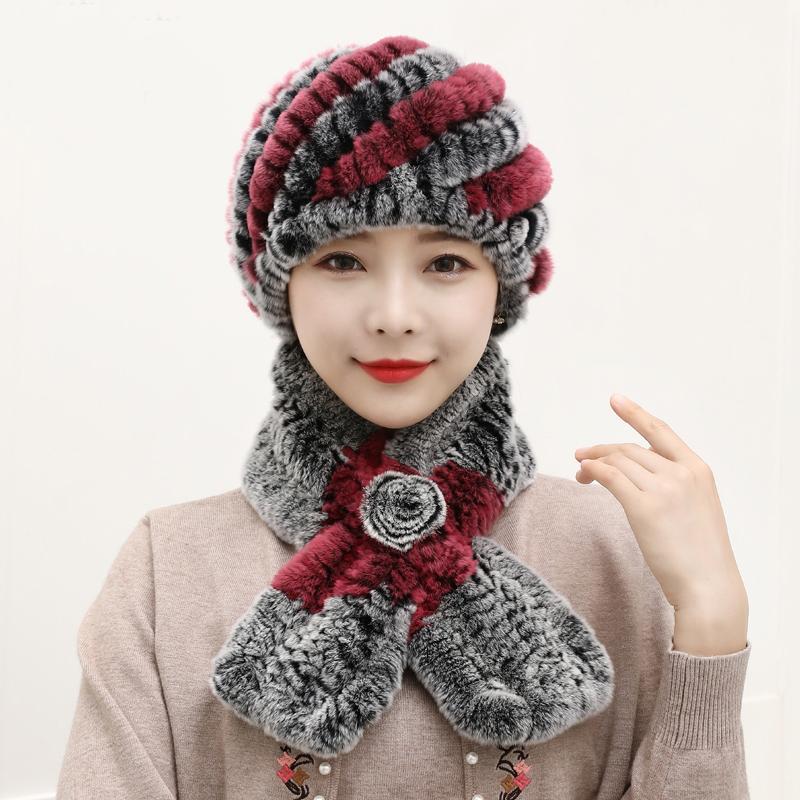 Winter Knitted 100% Natural Fur Hats Scarves Sets Women Warm Real Rex Rabbit Fur Hat Scarf Lady Fashion Thick Rex Rabbit Fur Hat
