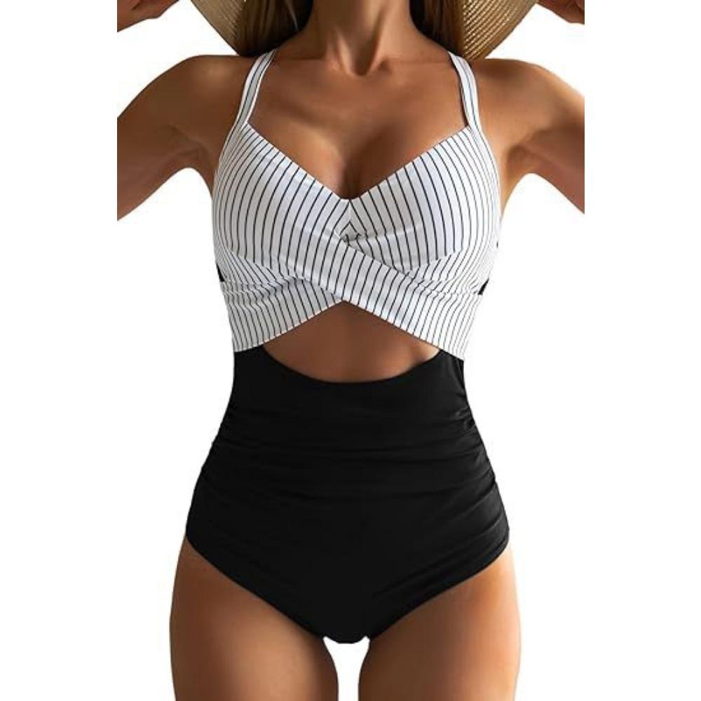 European and American One-piece Hard Bag Swimwear Hollow Solid Color High Waist Tight Swimsuit