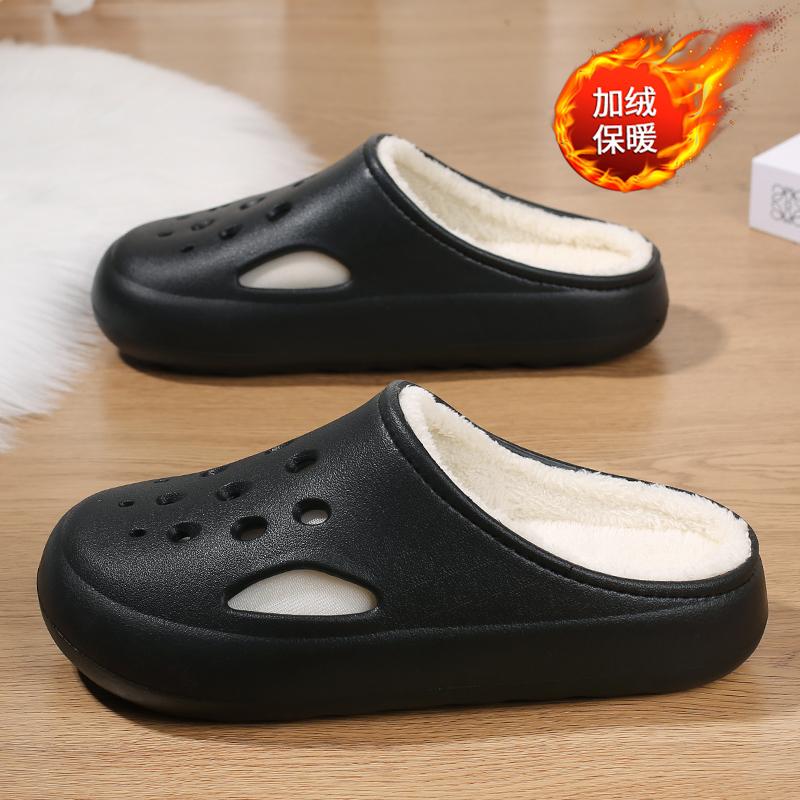 Winter Couple Clogs Fleece Lined Slippers Half Shoes For Men Mules Fur Indoor Open-Back Casual Shoes Plush Slides Sandal