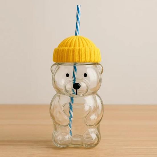 2 ks Kelímek ve tvaru medvídka s víčkem a brčkem Roztomilý nepropustný hrnek pro děti dospělé Plastový kelímek na studené nápoje na smoothie a ledovou kávu