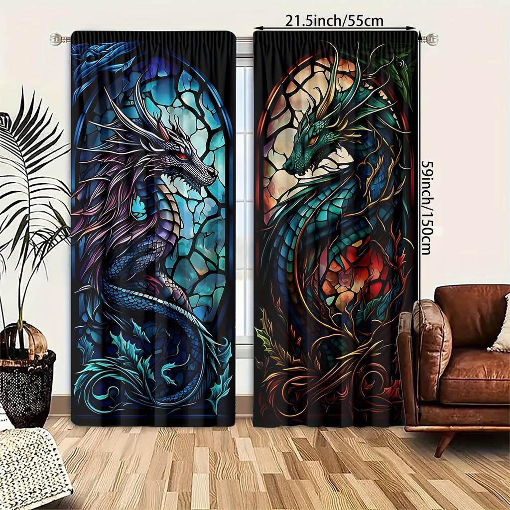 Dragon Print Light-Filtering Curtain Panels   Set of 2   Polyester Woven with Rod Pocket - Arts Themed   Peach Skin Velvet Sanded F