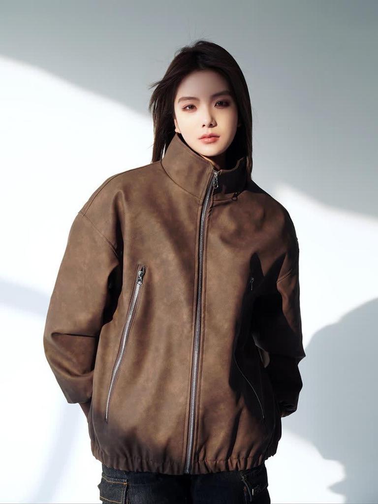 Unisex Distressed PU Leather and Cotton Retro Jacket - Women's 2024 Quilted Winter Coat