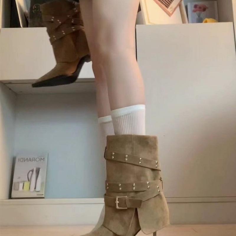 Temperament Spice Girls Niszowe Spodnie Buty Damska Klamra do Paska Nowe Buty na Wysokim Obcasie Szpiczaste Nity Krótkie Buty Obcisłe Pojedyncze Buty