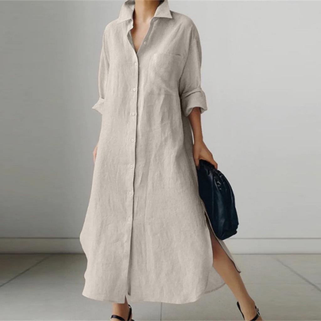 LYRIA Cotton Linen Oversize Women Dress Black Turn-Down Collar Loose Dresses Female Elegant Casual Trendy Ladies Clothes