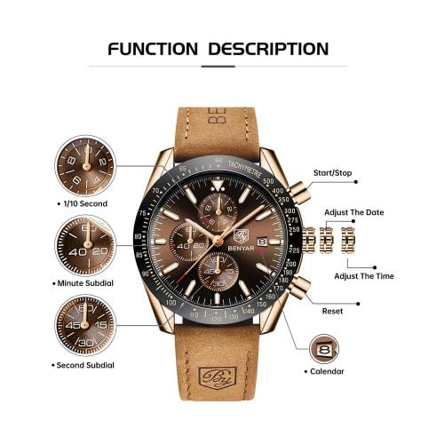 BY BENYAR Men's Watch Chronograph Analog Quartz Movement Stylish Sports Designer Watch 30m Water Resistant Elegant Father's Day Gift, Light Blue, Chro