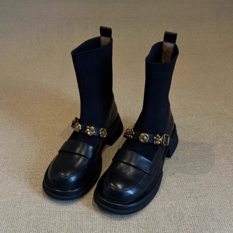 Soft Leather Version~ French Retro Camellia Platform Socks Boots Knitted Thin Boots Versatile Round Head Martin Boots Short Boots Women
