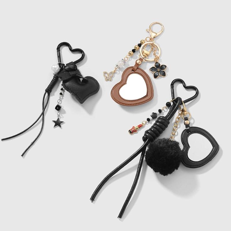 Vintage Leather Keychain Handmade Heart Braided Rope Mirror Charm DIY Accessory Sturdy Leather Key Holder