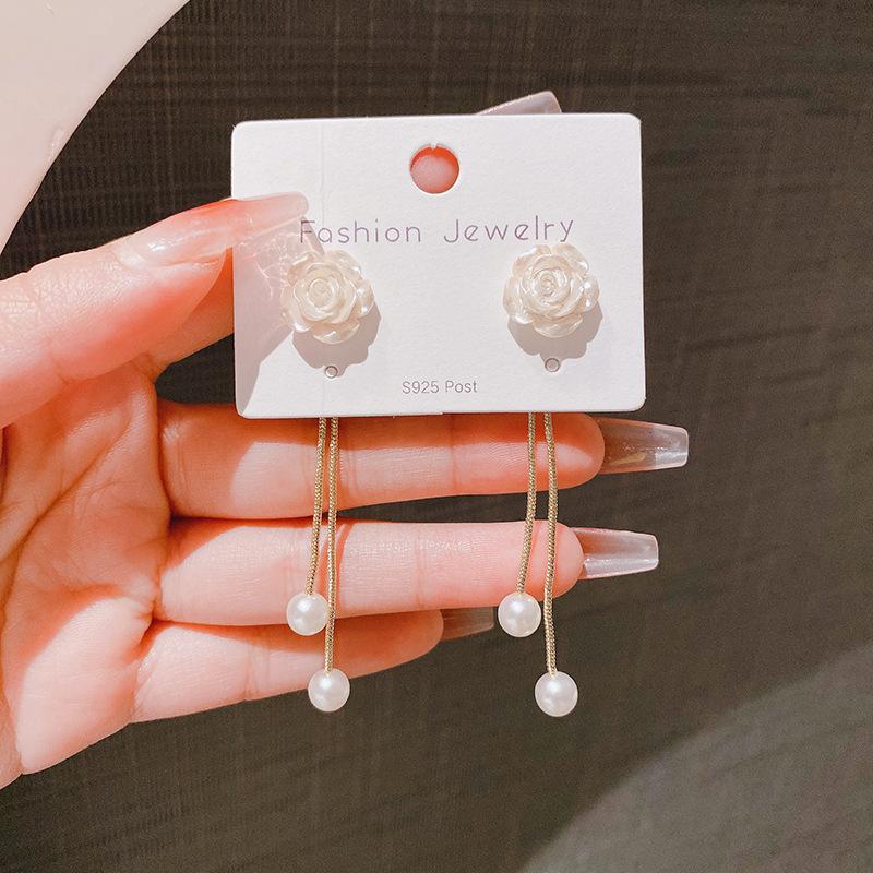 Silver Needle White Camellia Tassel Earrings Women's Niche Design Pearl Pendant Premium Light Luxury Temperament Earrings