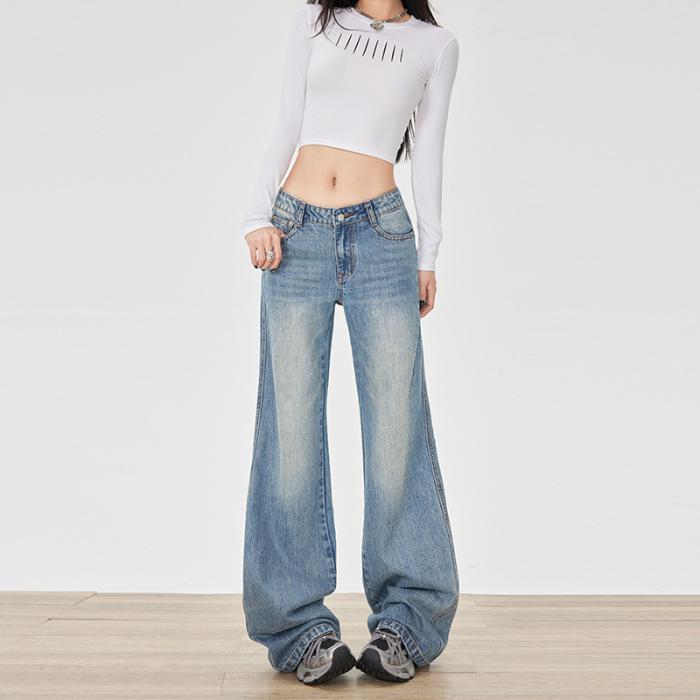 

5L Retro Patchwork Distressed Vintage Mid-Low Rise Micro-Flare Denim Pants Extra Small