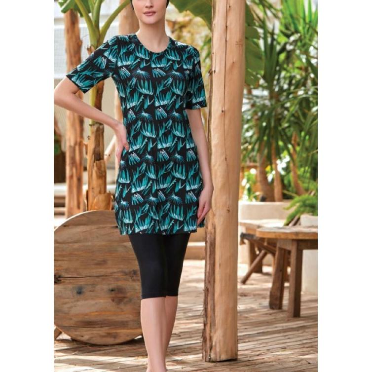 

Двокомпонентний різнокольоровий набір з принтом Мусульманський скромний купальник для моря з коротким рукавом, купальник напівзакритого типу, пляжний одяг, буркіні, набір купальників великого розміру XL зелений