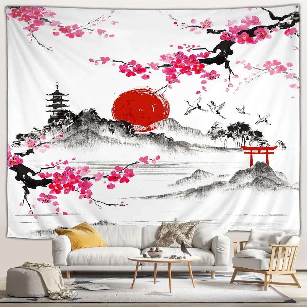 Japanese Scenery Tapestry Pink Cherry Blossom Flowers Misty Landscape Chinese Architecture Living Room Bedroom Decor Wall Hangin