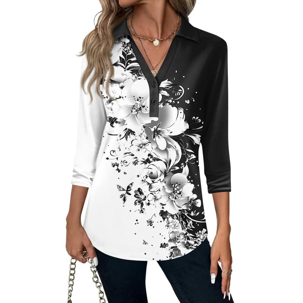 Women's Fashion Casual Lapel Short 3/4 Sleeve Print Shirt Women's V-Neck Button Tops