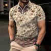 Women Short Sleeve Polo Shirt Black Red White Gold Chain Lock Key Print Half Zip Lapel Top